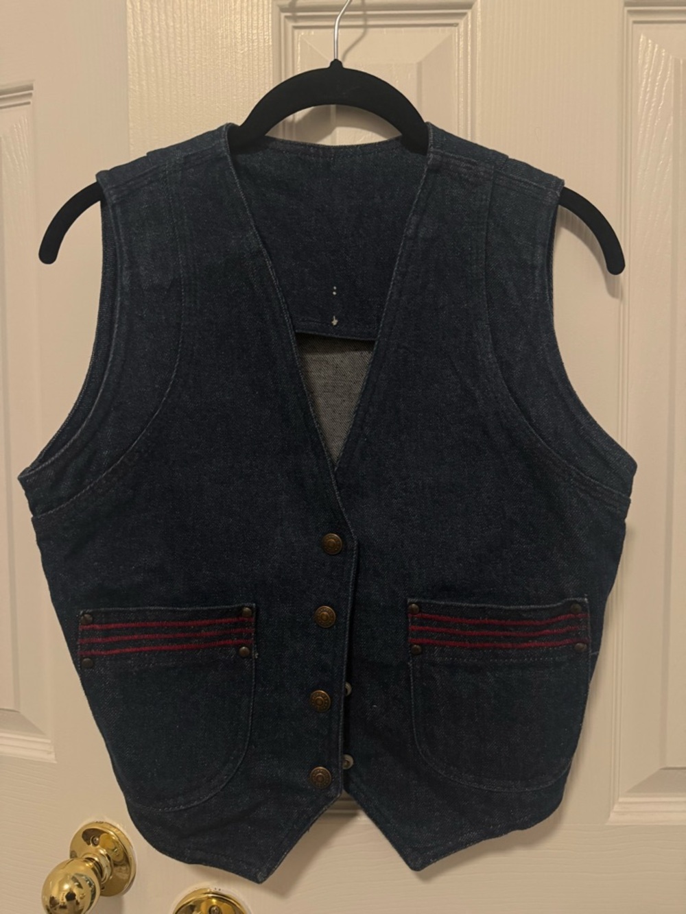 Dark Indigo Denim Vest with Red Stripe Pocket Detail